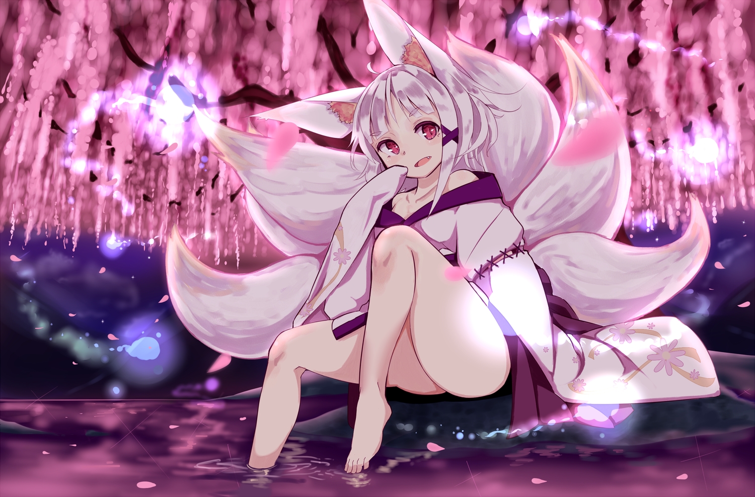 animal_ears, barefoot, fang, foxgirl, japanese_clothes, multiple_tails, original, petals, pink_eyes, short_hair, tail, tree, wankoo-mikami, water, white_hair