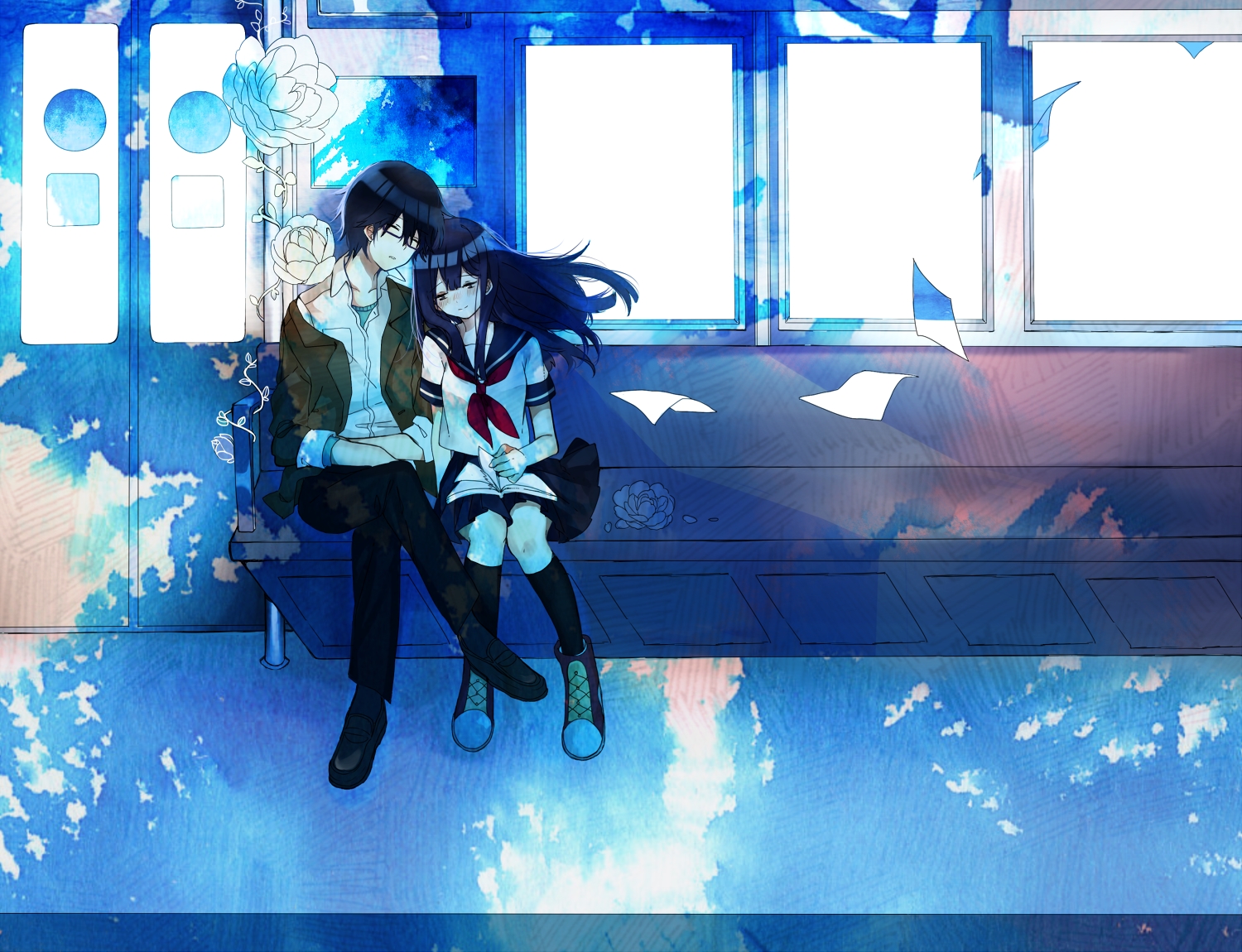 black_hair, blue, blush, book, boots, flowers, glasses, kneehighs, lingmuzi, long_hair, male, original, paper, school_uniform, short_hair, skirt, sleeping, train