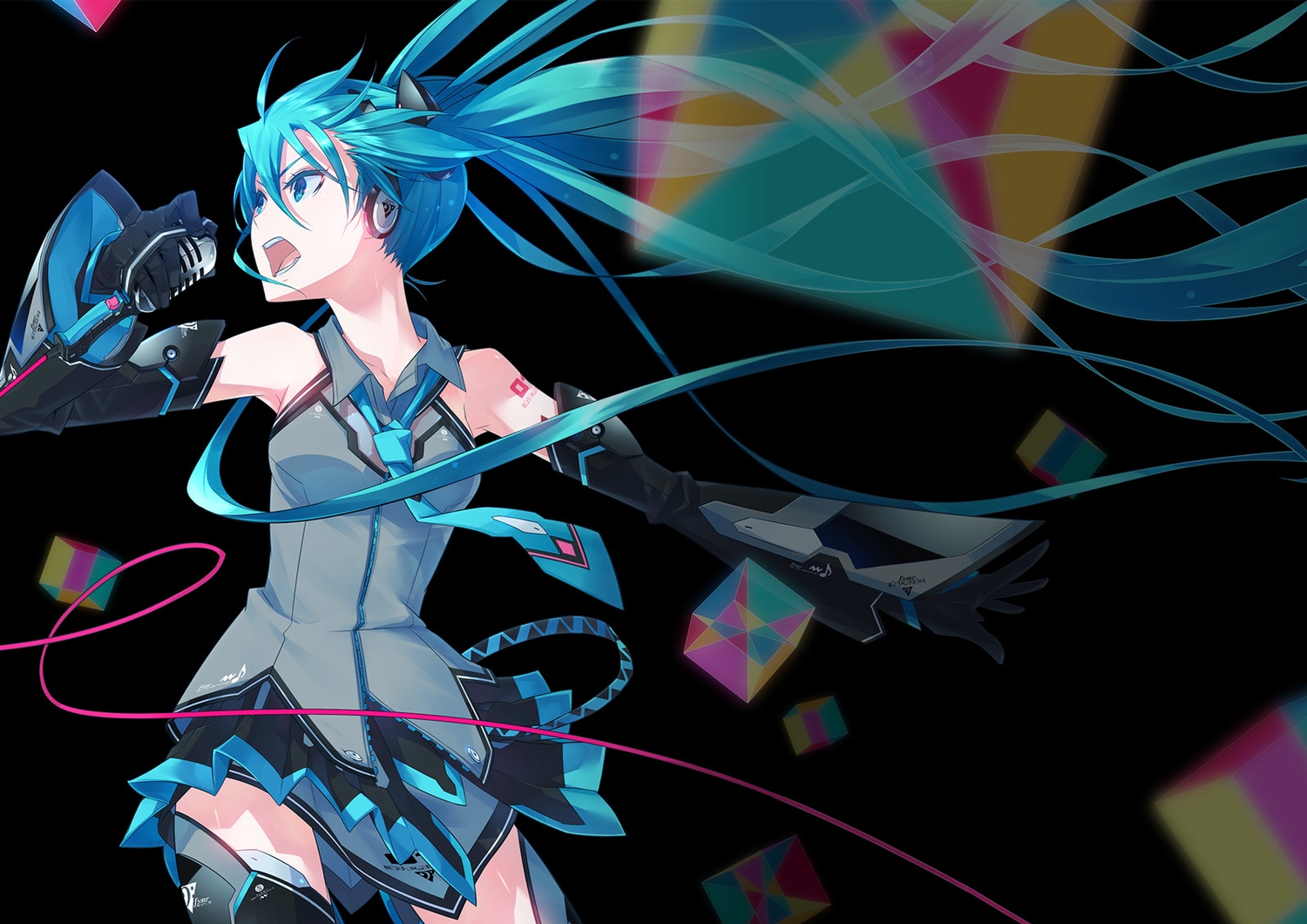aqua_eyes, aqua_hair, gloves, hatsune_miku, headphones, jpeg_artifacts, long_hair, magical_mirai_(vocaloid)