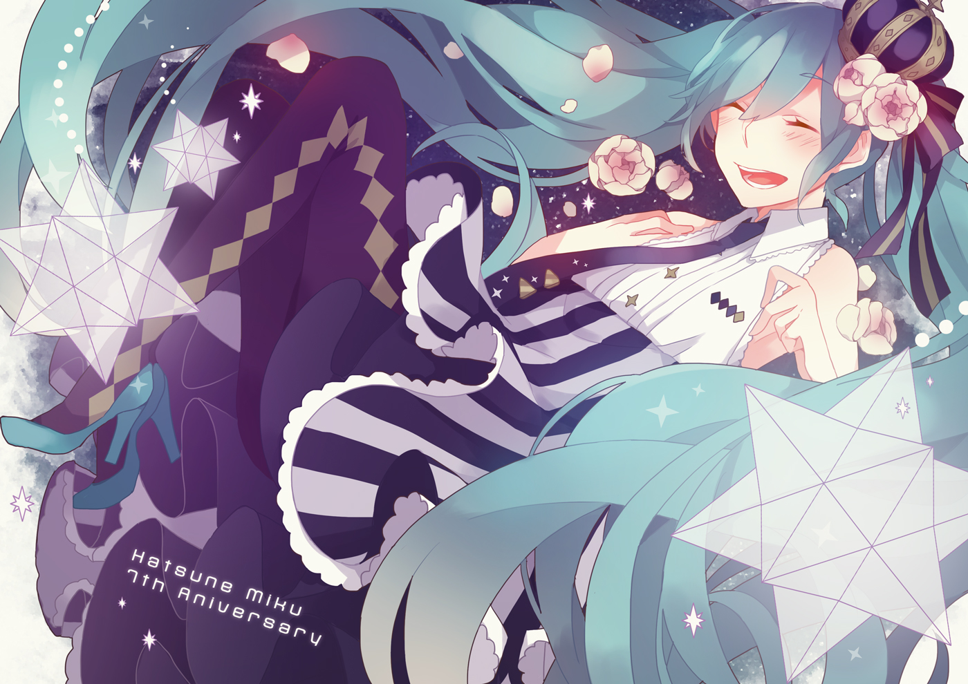 aqua_hair, crown, flowers, hatsune_miku, saine_(artist), vocaloid