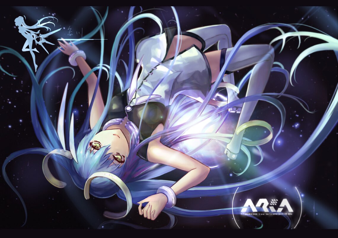 aqua_hair, aria_(vocaloid), hatsune_miku, long_hair, stars, thighhighs, vocaloid, wangchuan_de_quanyan, yellow_eyes