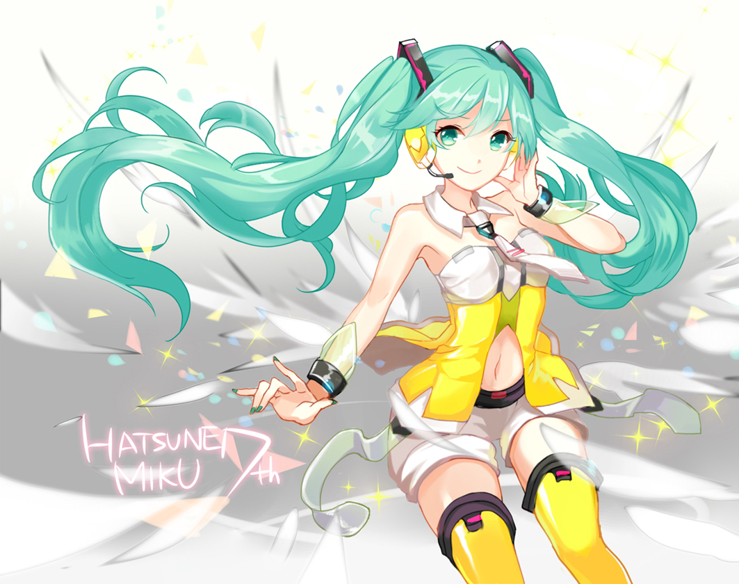 apring, aqua_eyes, aqua_hair, hatsune_miku, headphones, long_hair, navel, shorts, tie, twintails, vocaloid, yellow_(vocaloid)