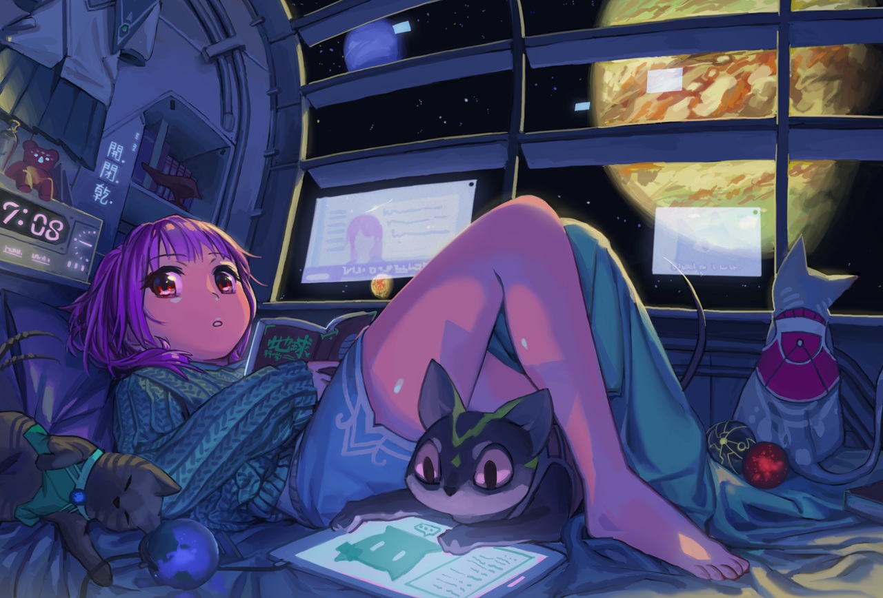 animal, barefoot, bed, book, cat, original, planet, purple_hair