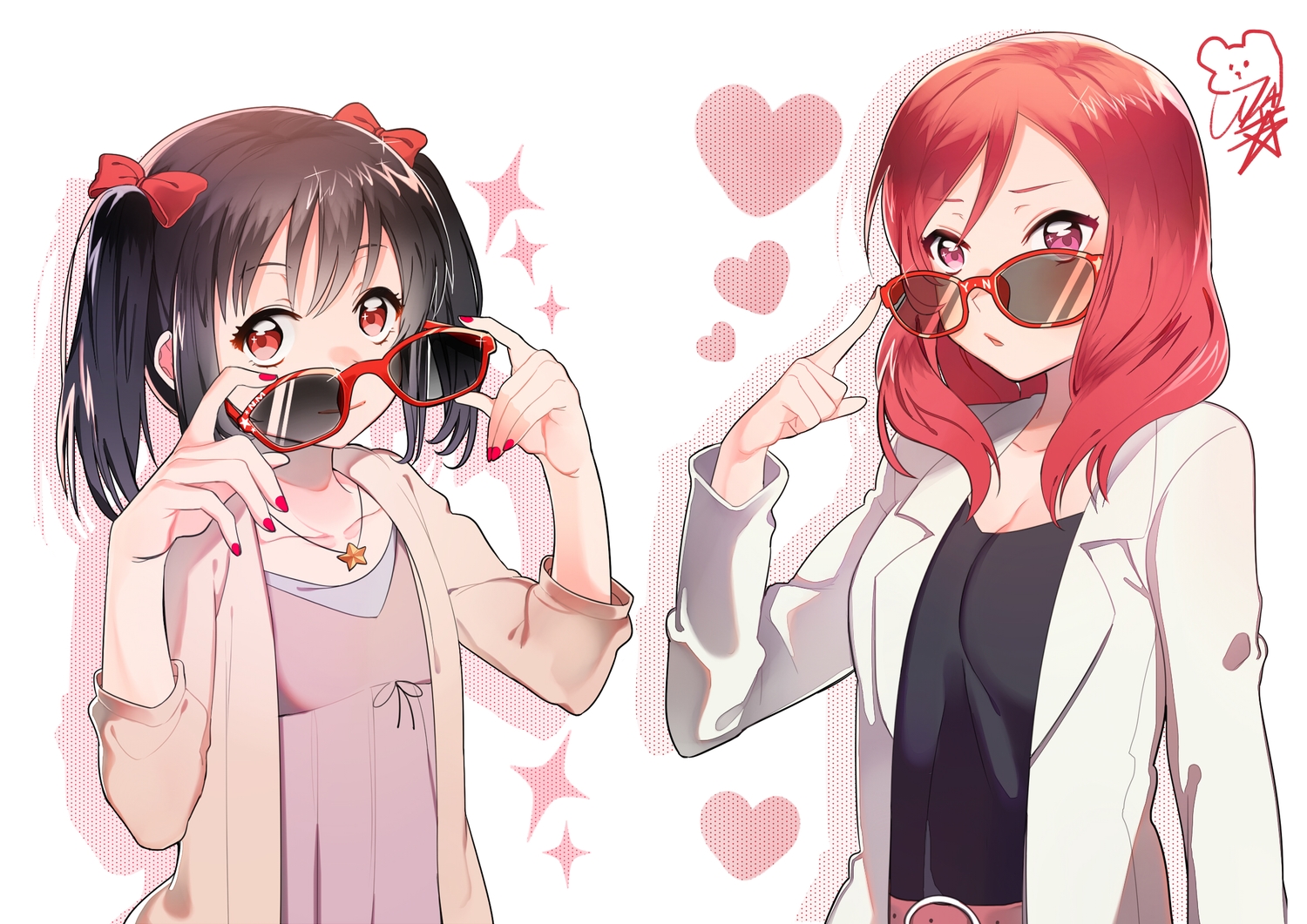 14_(vision5032), 2girls, black_hair, bow, glasses, love_live!_school_idol_project, necklace, nishikino_maki, purple_eyes, red_eyes, red_hair, sunglasses, twintails, yazawa_nico