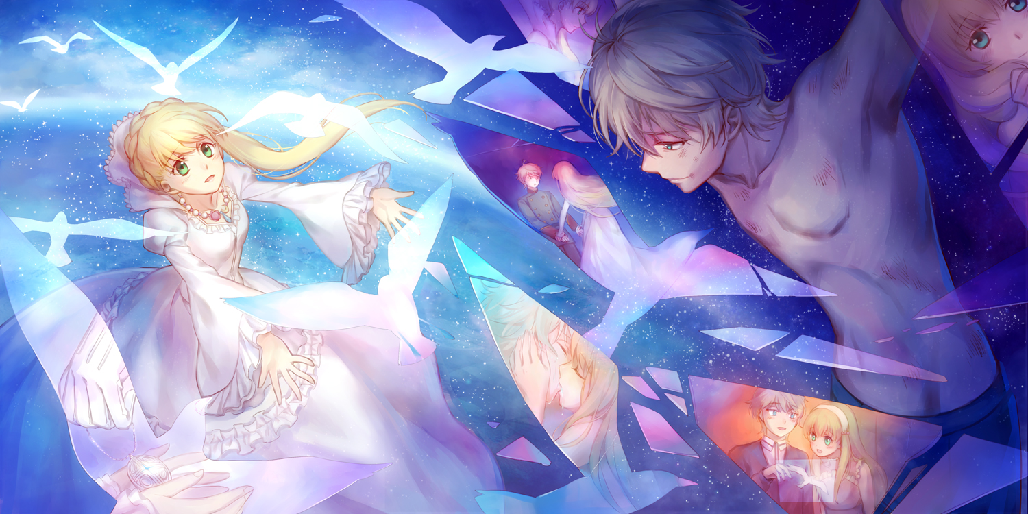 aldnoah.zero, animal, asseylum_vers_allusia, bird, blonde_hair, braids, dress, gray_hair