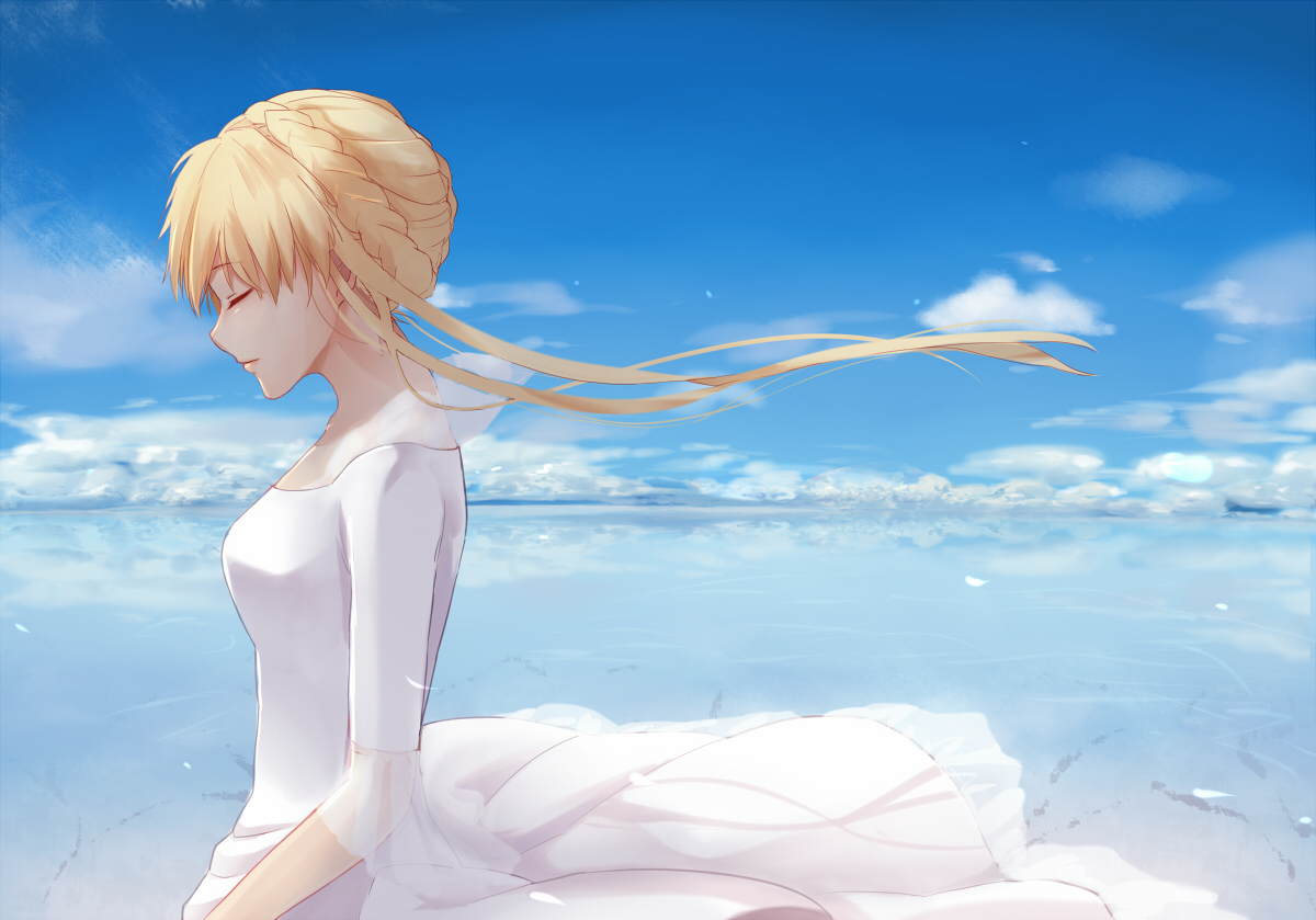 aldnoah.zero, asseylum_vers_allusia, blonde_hair, clouds, dress, sky, water, windblownchestnut