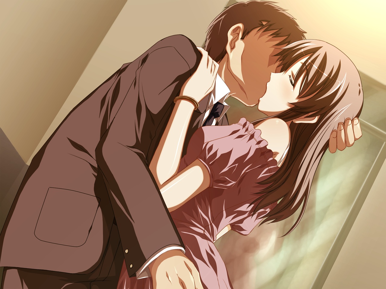 aisuru_tsuma_reina_no_uwaki_kokuhaku, atelier_sakura, brown_hair, game_cg, kawashima_reina, kiss, long_hair