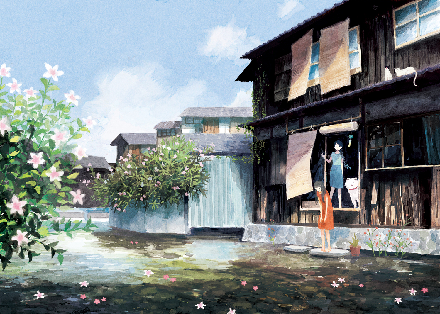 animal, barefoot, black_hair, blue_hair, building, cat, dog, flowers, long_hair, original, scenic, skirt, yuuko_(nora0x0)