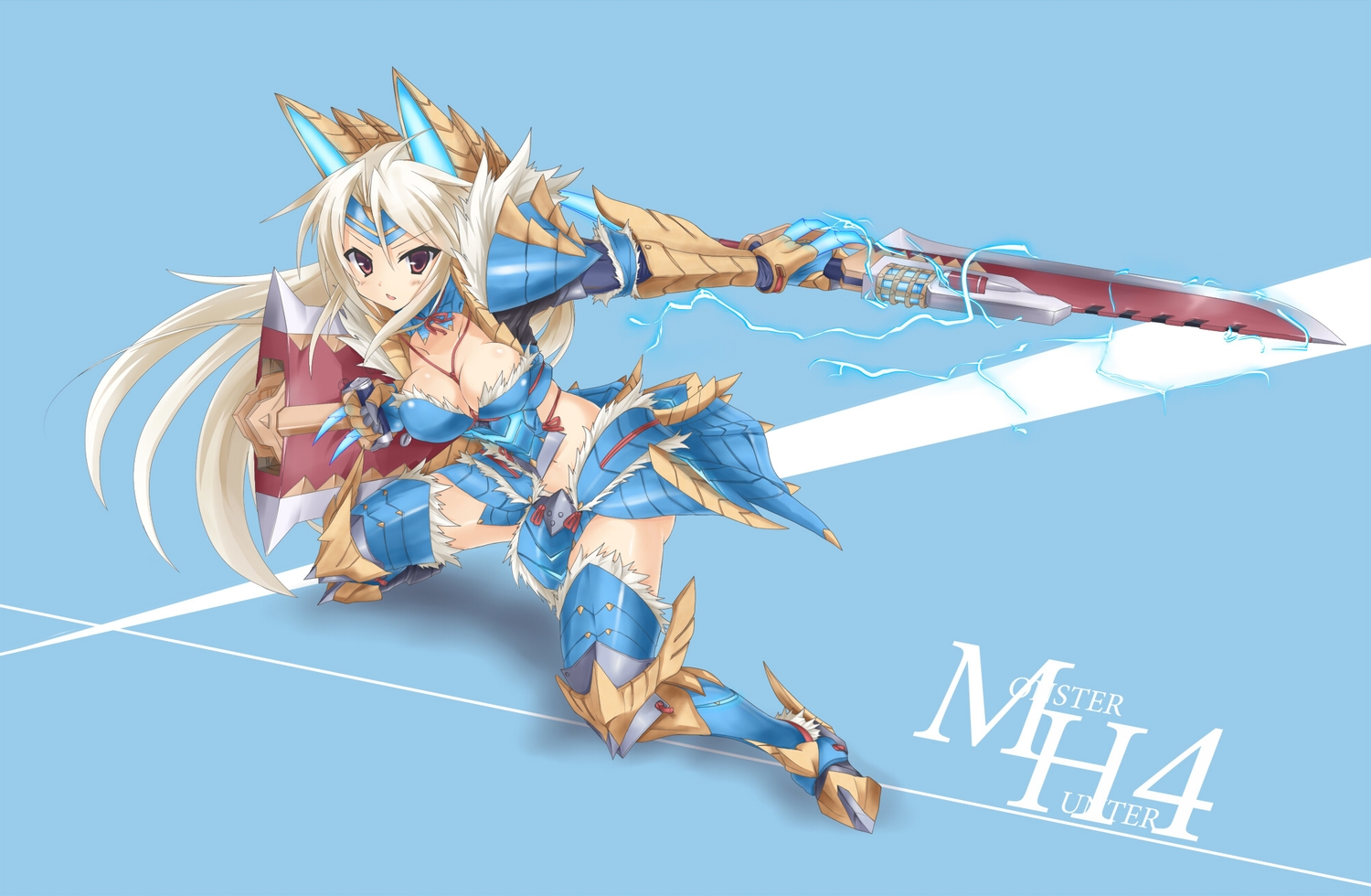 armor, breasts, brown_eyes, cleavage, kurokage, long_hair, monster_hunter, sword, weapon, white_hair, zinogre_(armor)