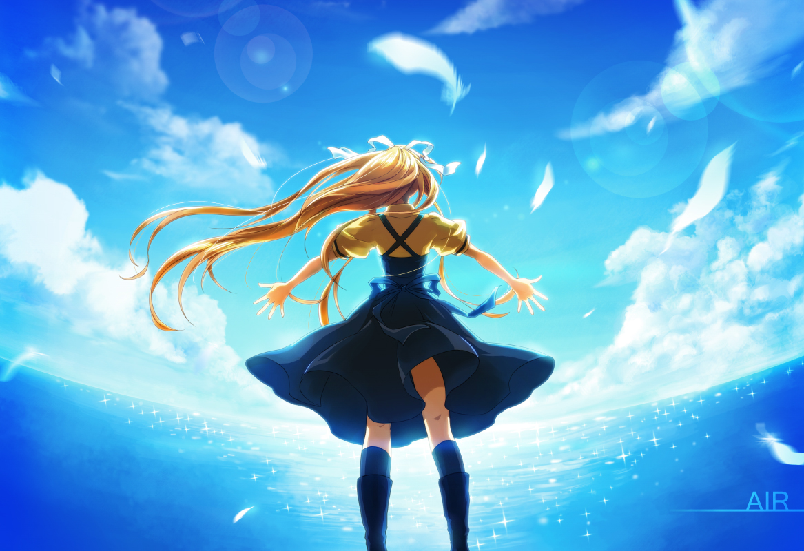 air, blonde_hair, clouds, dress, feathers, kamio_misuzu, kneehighs, long_hair