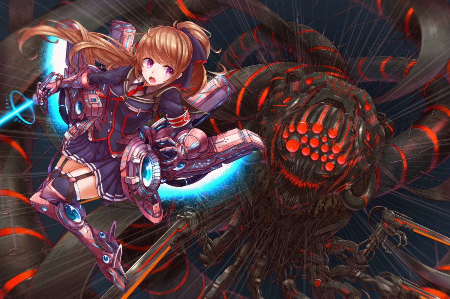 brown_hair, lightsaber, long_hair, mechagirl, original, ponytail, purple_eyes, school_uniform, skirt, sword, thighhighs, tie, toshi_gahara, weapon