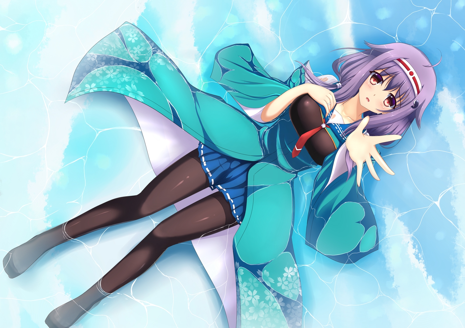 anthropomorphism, blush, headband, kantai_collection, pantyhose, pink_eyes, purple_hair, ryuuhou_(kancolle)