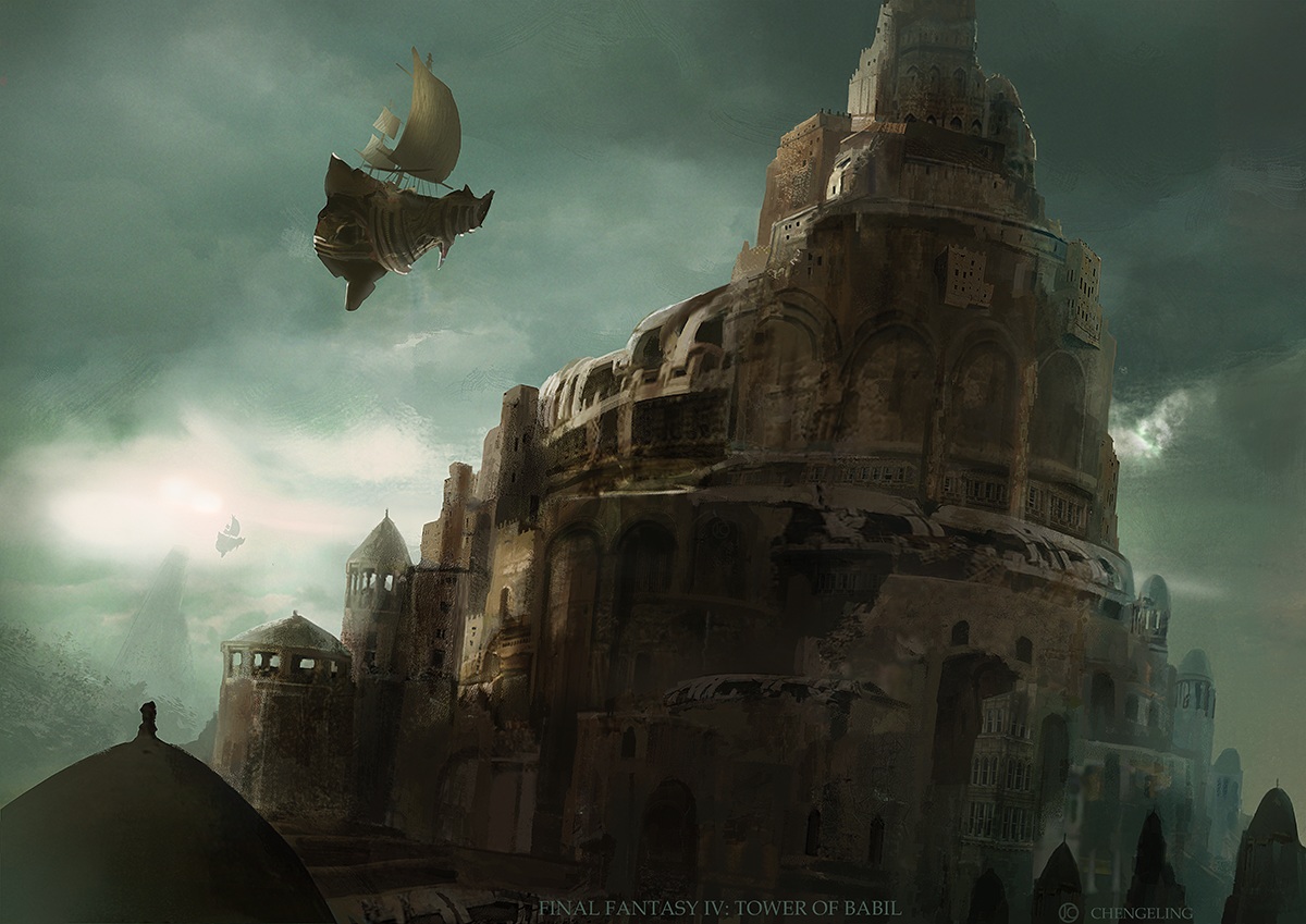 airship, building, final_fantasy, final_fantasy_iv, jessica_cheng, no_humans, scenic, sky, watermark