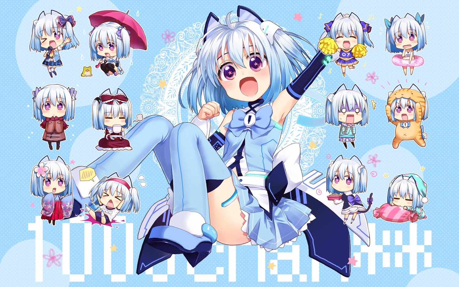 1000-chan, animal, animal_ears, bikini, blue_hair, blush, boots, bow
