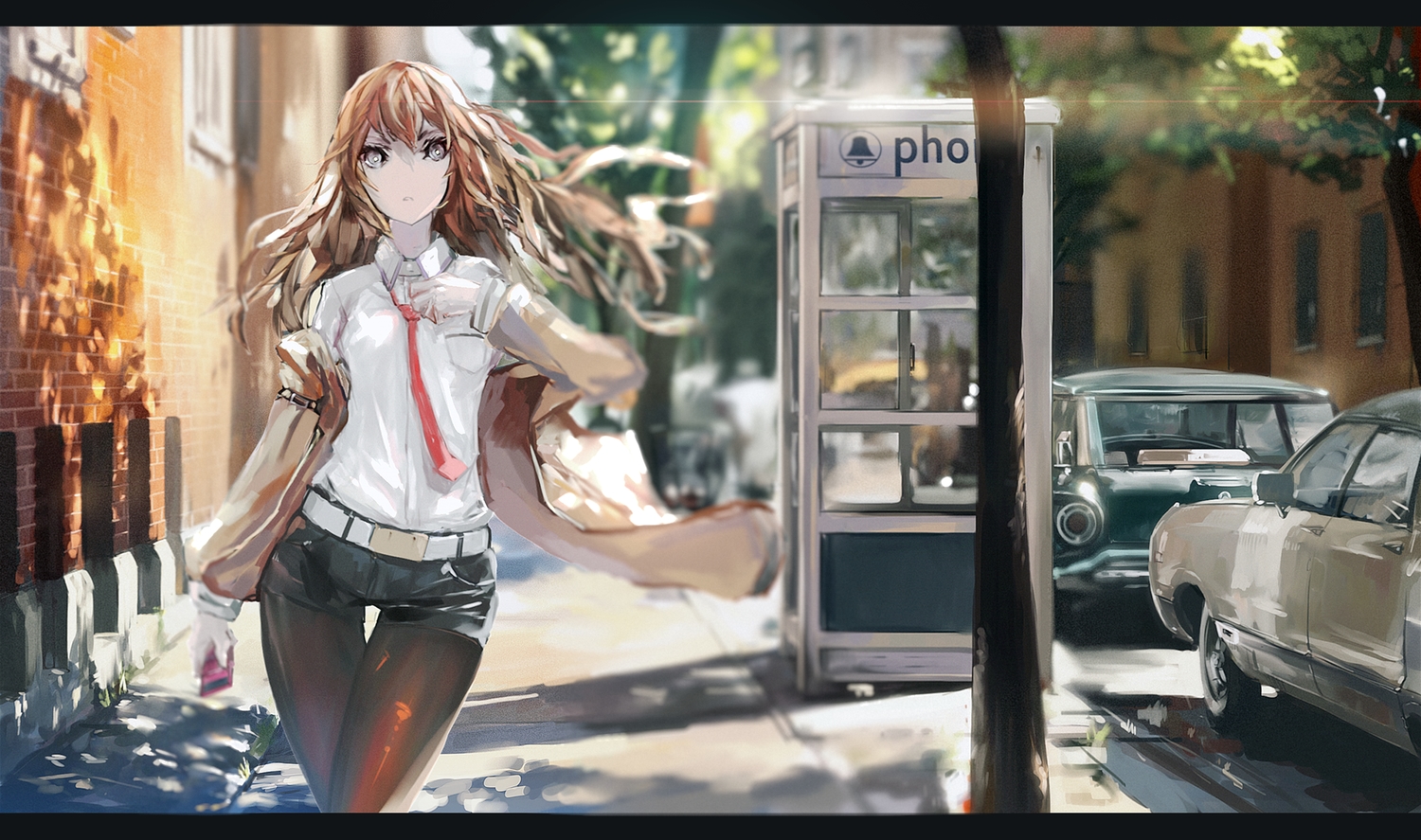 5esrs, brown_hair, car, gray_eyes, long_hair, makise_kurisu, pantyhose, phone