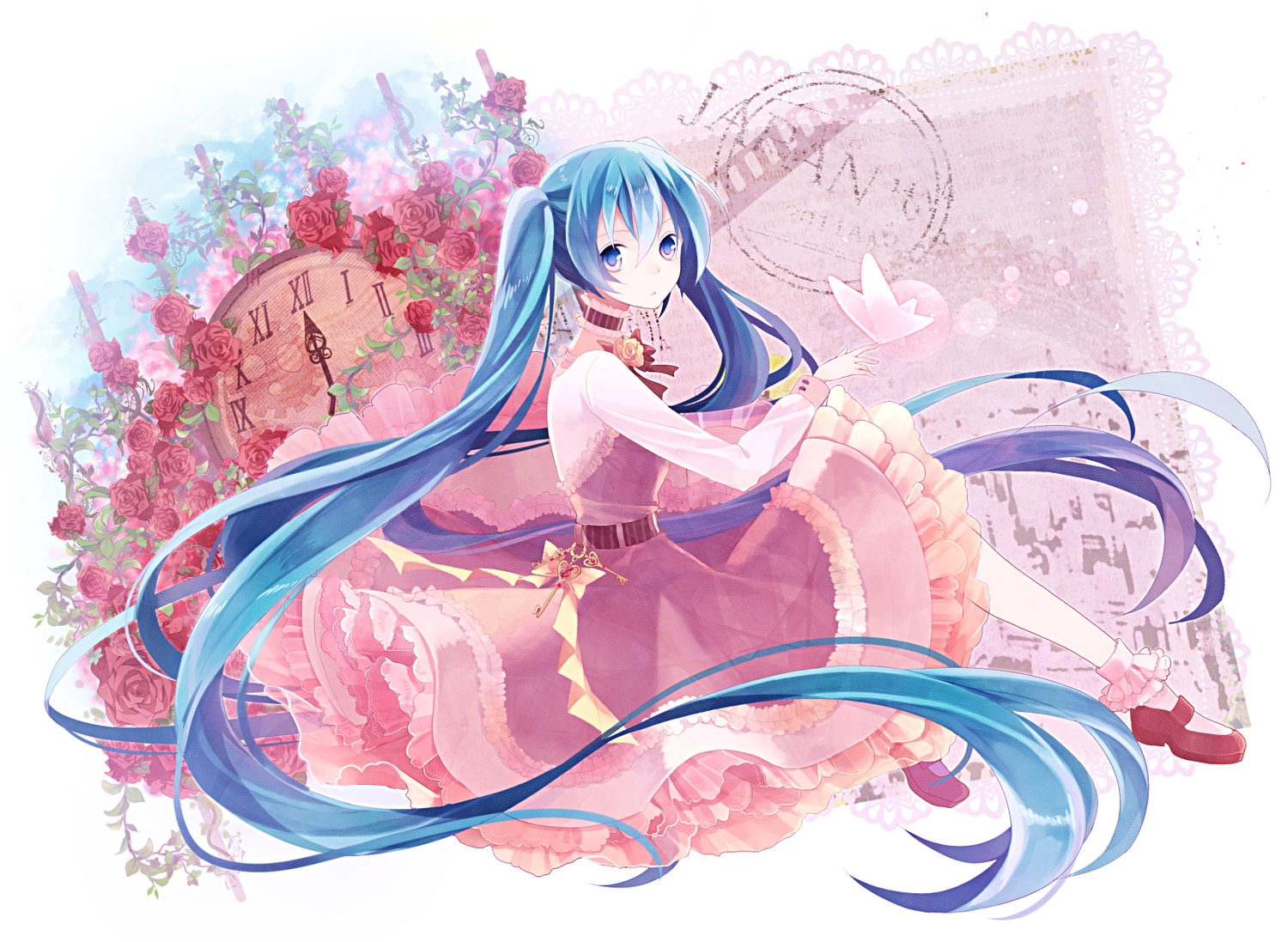 blue_eyes, blue_hair, choker, dress, flowers, hatsune_miku, long_hair, t_miyanagi, twintails, vocaloid
