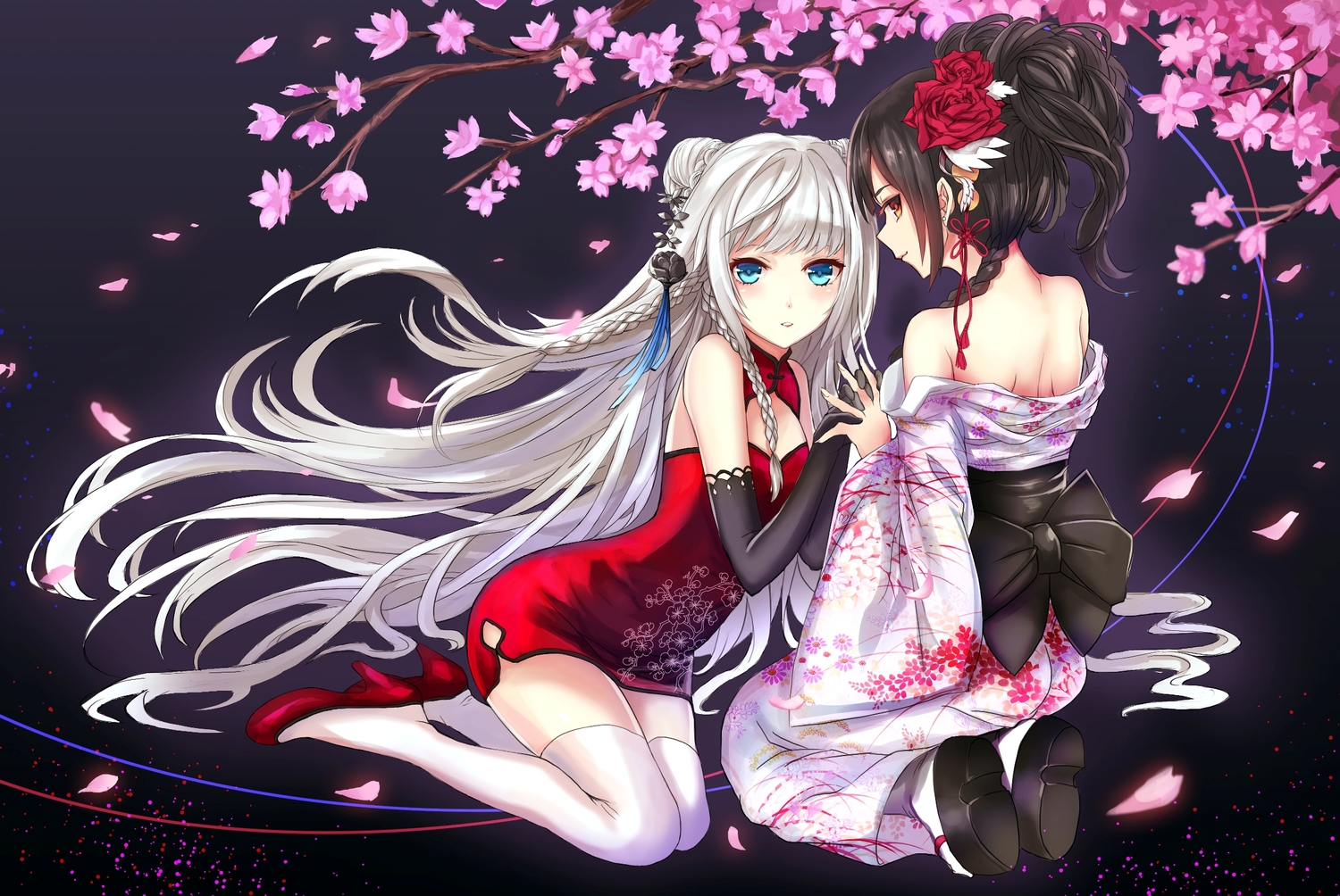 2girls, aqua_eyes, braids, devildogs, elbow_gloves, flowers, gloves, gray_hair, japanese_clothes, thighhighs