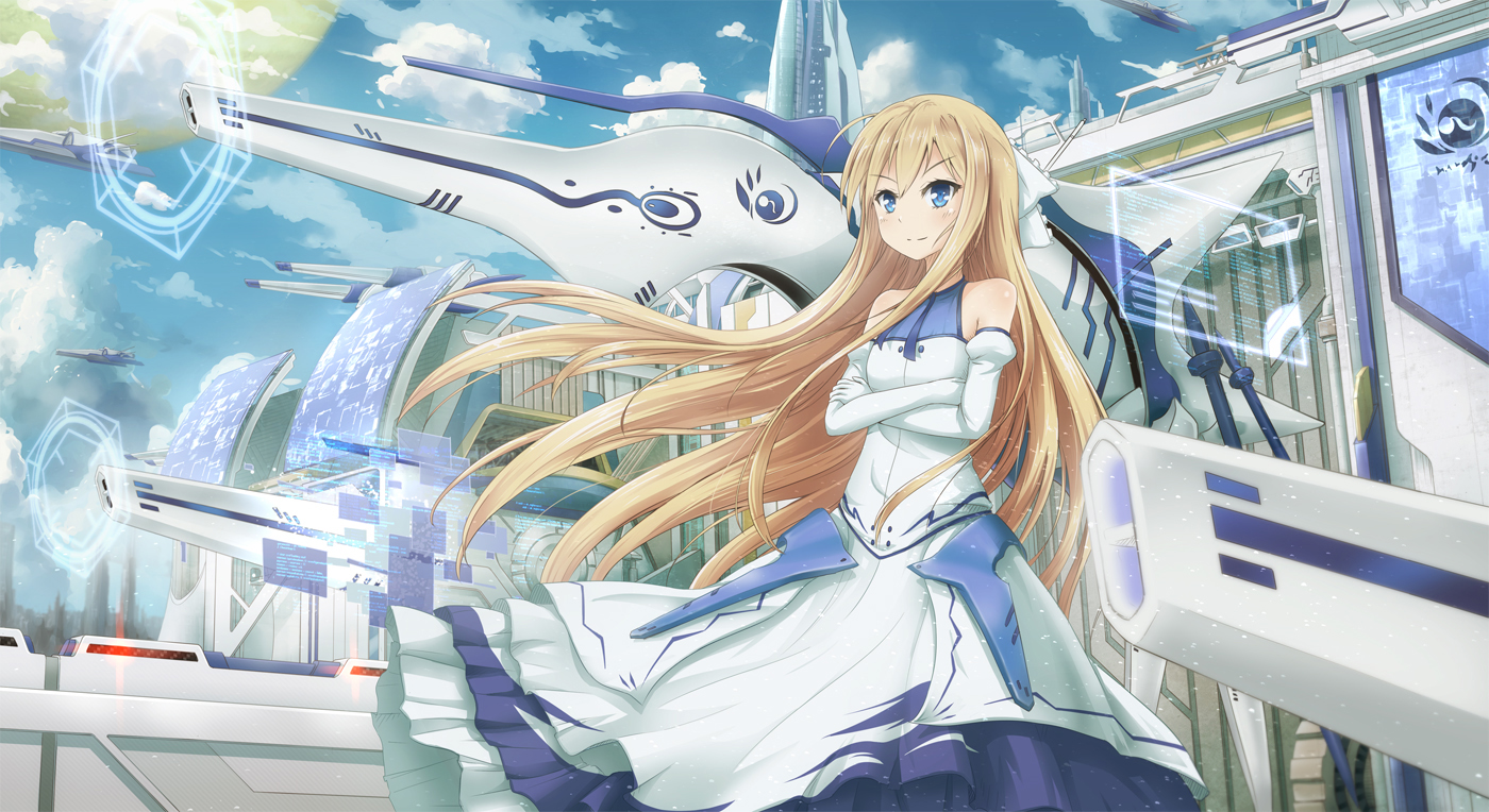 aircraft, asakurashinji, blonde_hair, blue_eyes, clouds, dress, elbow_gloves, flat_chest, gloves, long_hair, rokujyouma_no_shinryakusha, theiamillis_gre_fortorthe