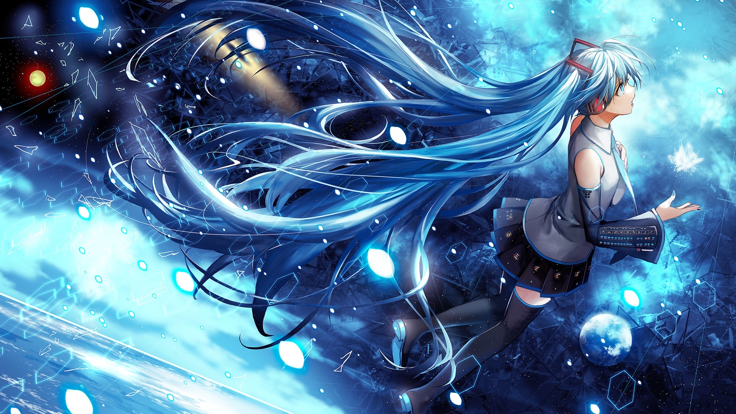 aqua_eyes, aqua_hair, blue, hatsune_miku, headphones, komecchi, long_hair, skirt