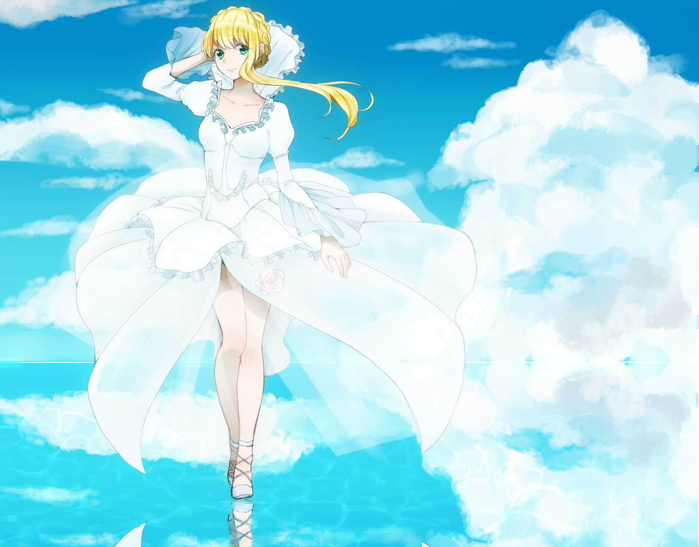 aldnoah.zero, asseylum_vers_allusia, blonde_hair, clouds, dress, green_eyes, natsumi_(katonatucareercomic)