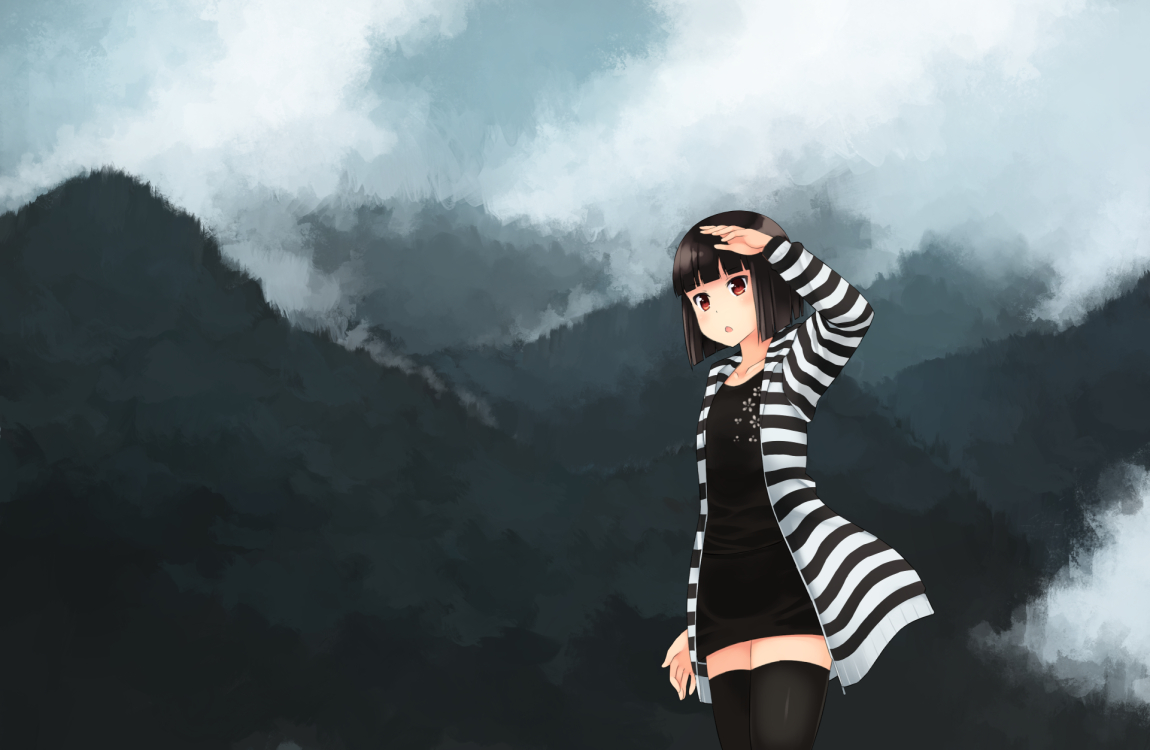 akemiho_tabi_nikki, black_hair, dress, fukube_tamaki, kouno_hikaru, red_eyes, short_hair, thighhighs