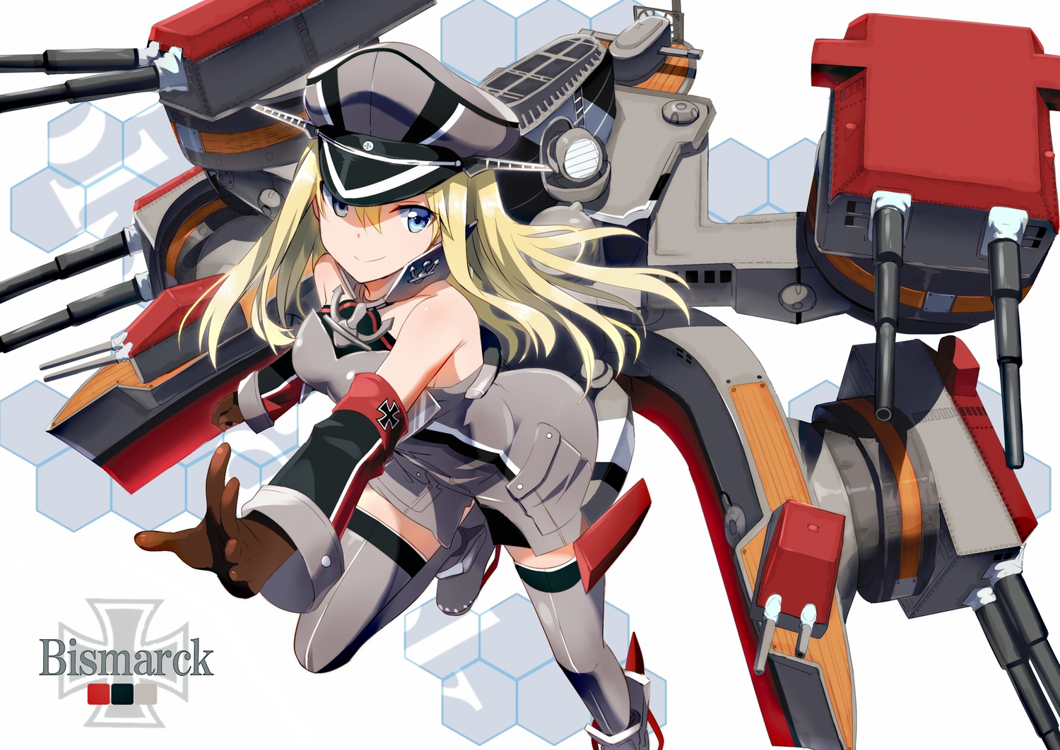 anthropomorphism, bismarck_(kancolle), blonde_hair, blue_eyes, gloves, gochou_(comedia80), hat, kantai_collection
