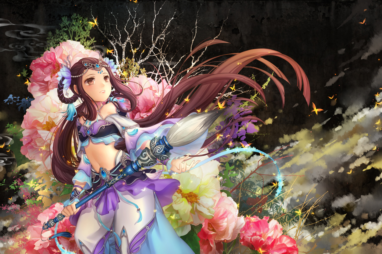 brown_eyes, brown_hair, butterfly, flowers, headdress, huazha01, long_hair, navel