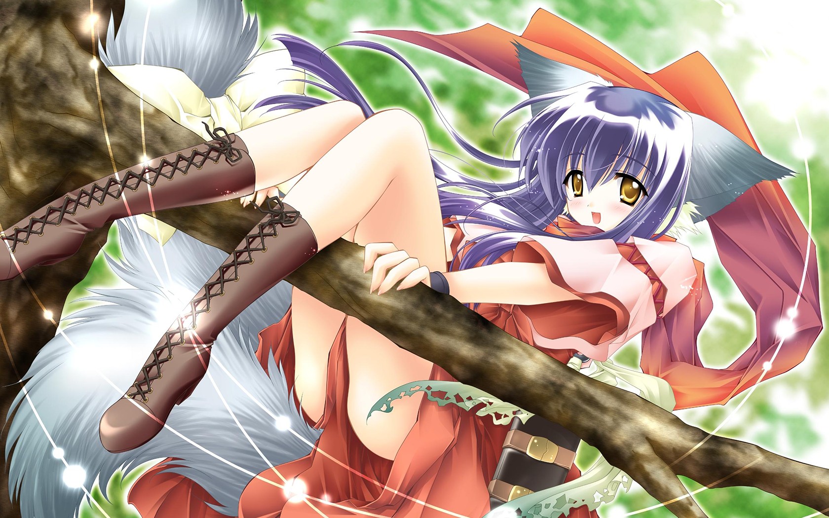 animal_ears, blush, boots, bow, foxgirl, japanese_clothes, koma_(tail_tale), long_hair, multiple_tails, purple_hair, scarf, tail, tail_tale, yellow_eyes