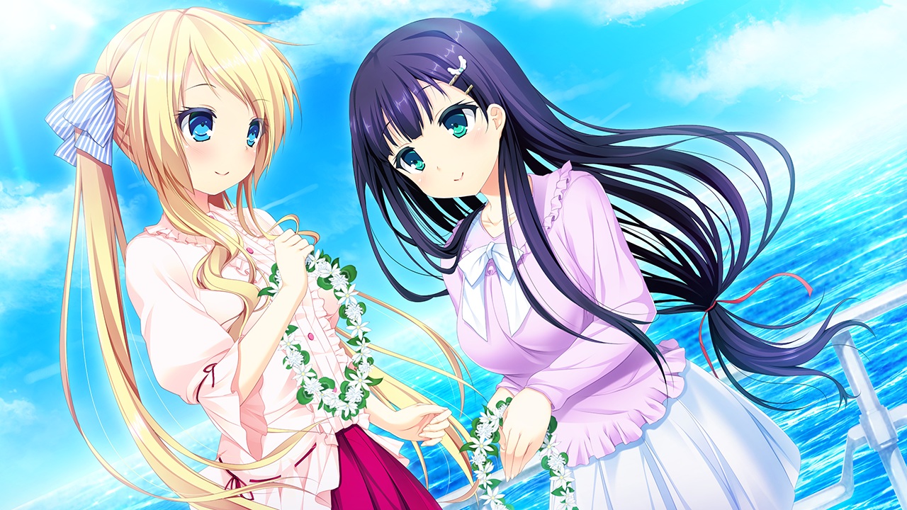 2girls, black_hair, blonde_hair, blue_eyes, game_cg, giga, harvest_overray, long_hair, mikami_riria, nironiro, ouno_sumi, water