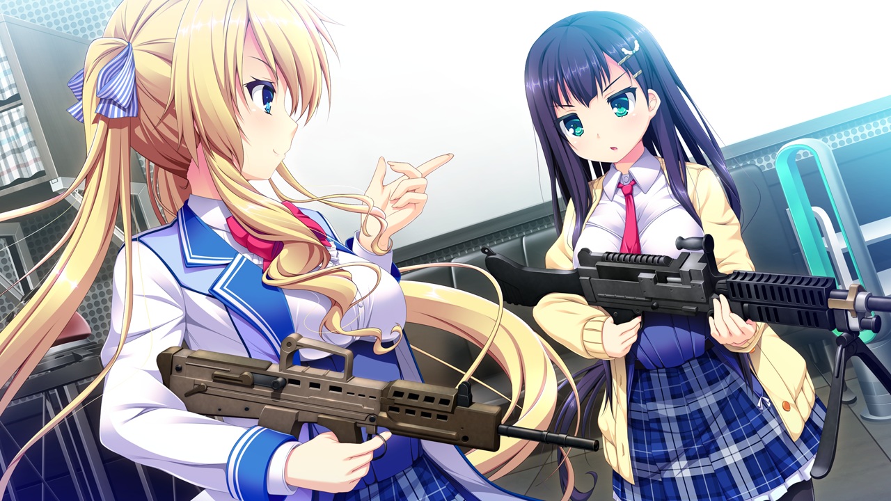 2girls, black_hair, blonde_hair, blue_eyes, game_cg, giga, gun, harvest_overray, long_hair, mikami_riria, nironiro, ouno_sumi, school_uniform, tie, twintails, weapon