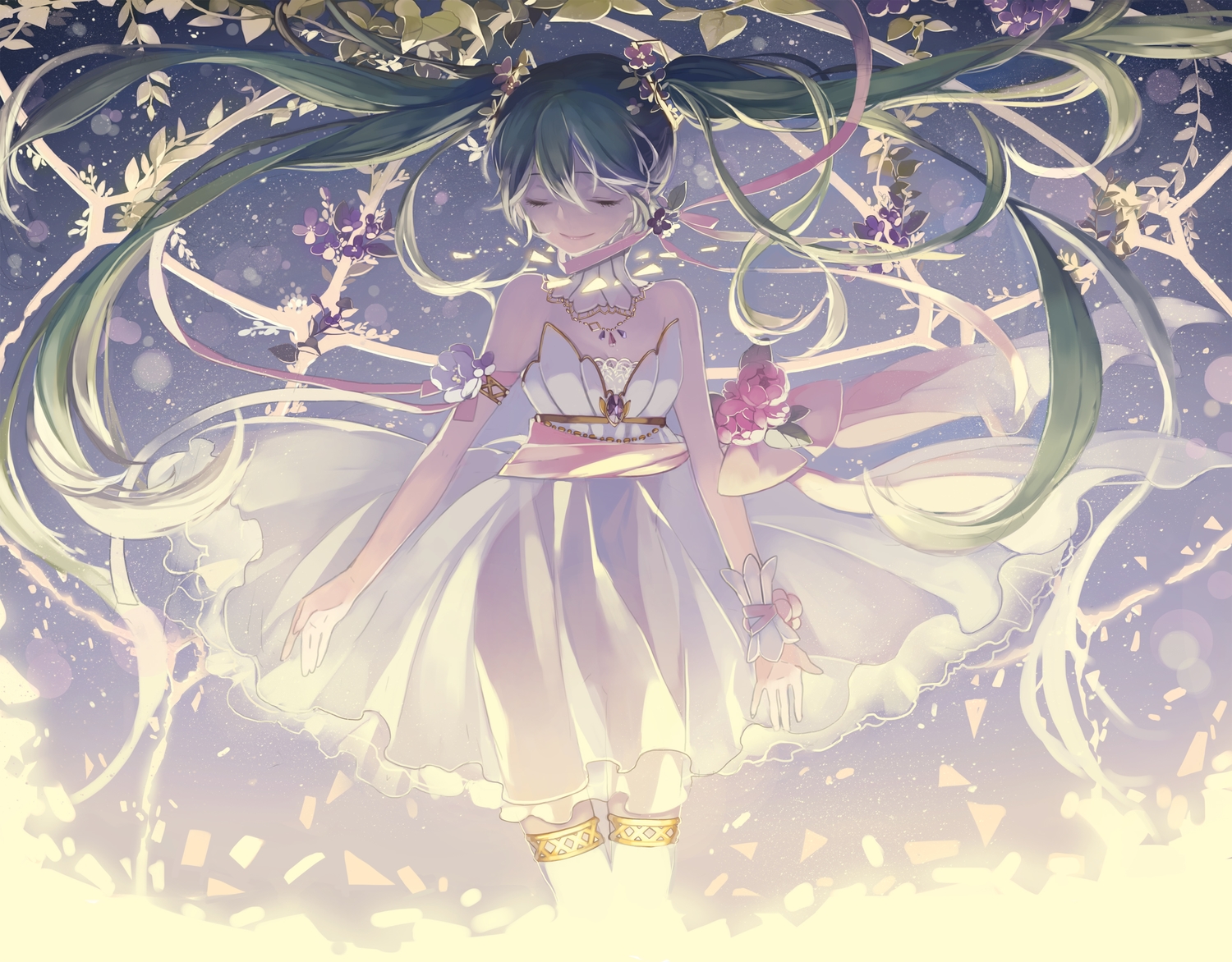 dress, flowers, green_hair, hatsune_miku, kyang692, long_hair, necklace, twintails, vocaloid