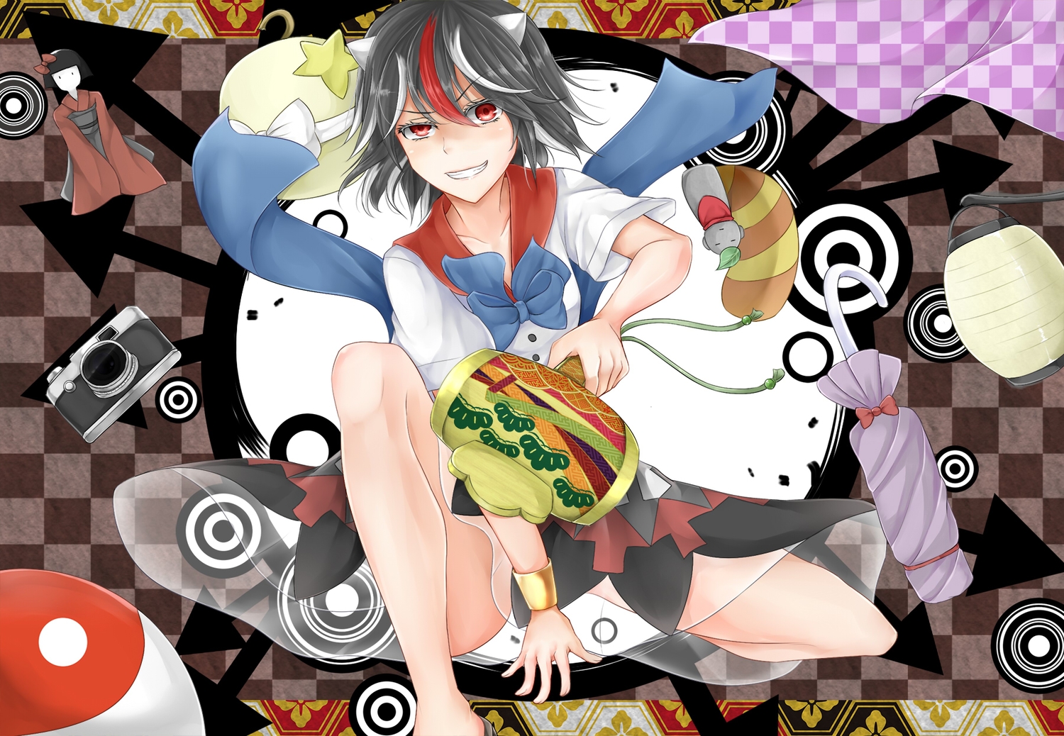 black_hair, camera, doll, dress, horns, kijin_seija, red_eyes, tokoya_(ex-hetare), touhou, umbrella, weapon