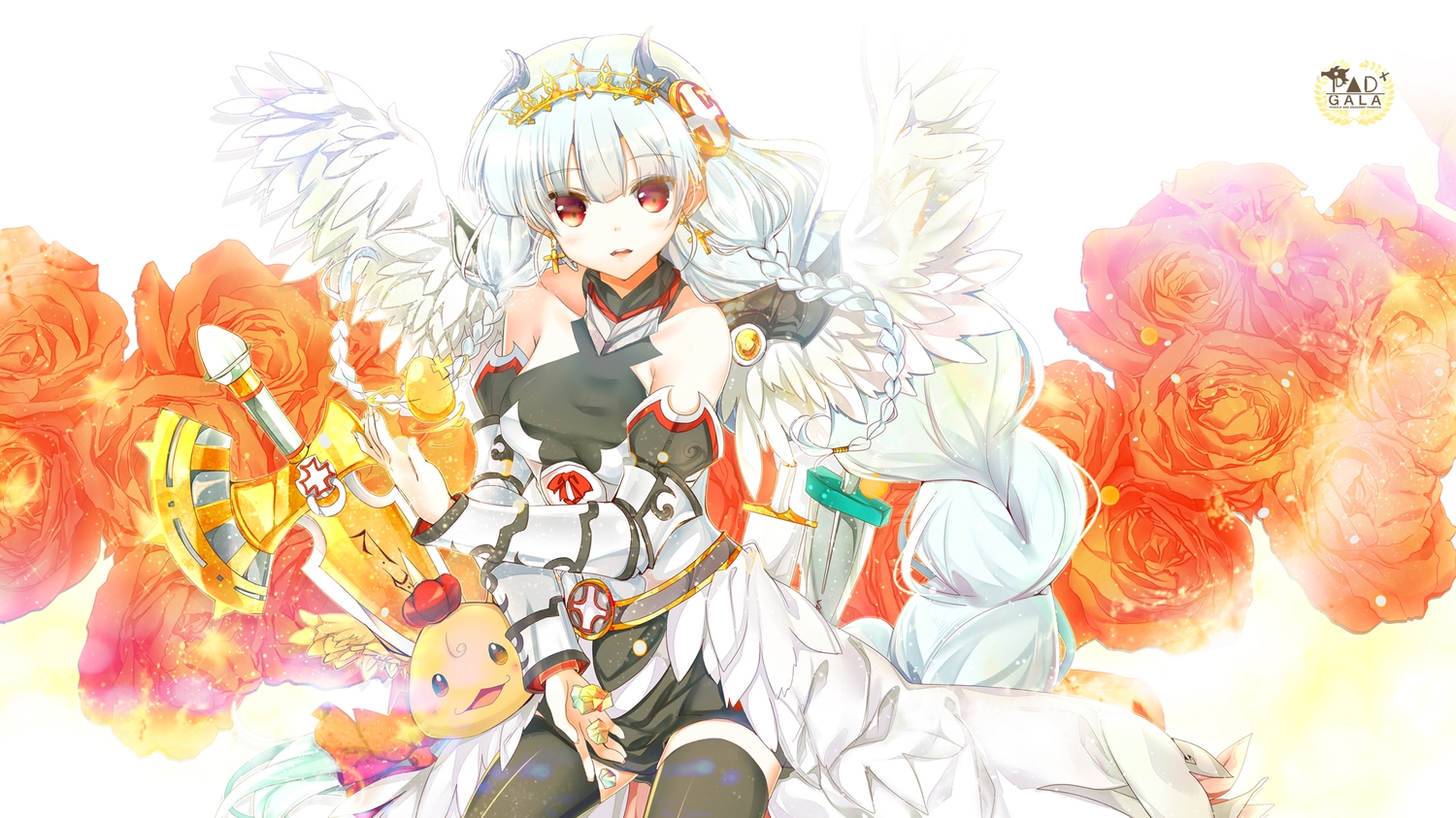 braids, flowers, heco_(mama), puzzle_&_dragons, rose, sword, valkyrie_(p&d), weapon