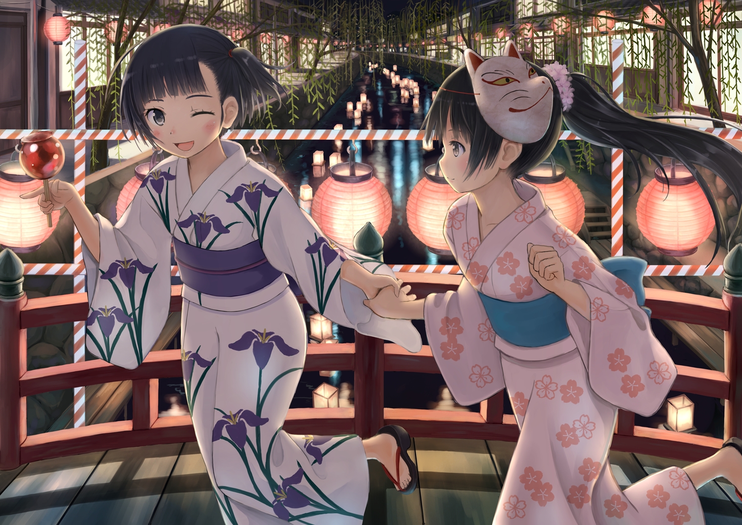 2girls, apple, black_hair, brown_eyes, festival, food, fruit, japanese_clothes, mask, original, short_hair, summer, taka_(tsmix), wink, yukata