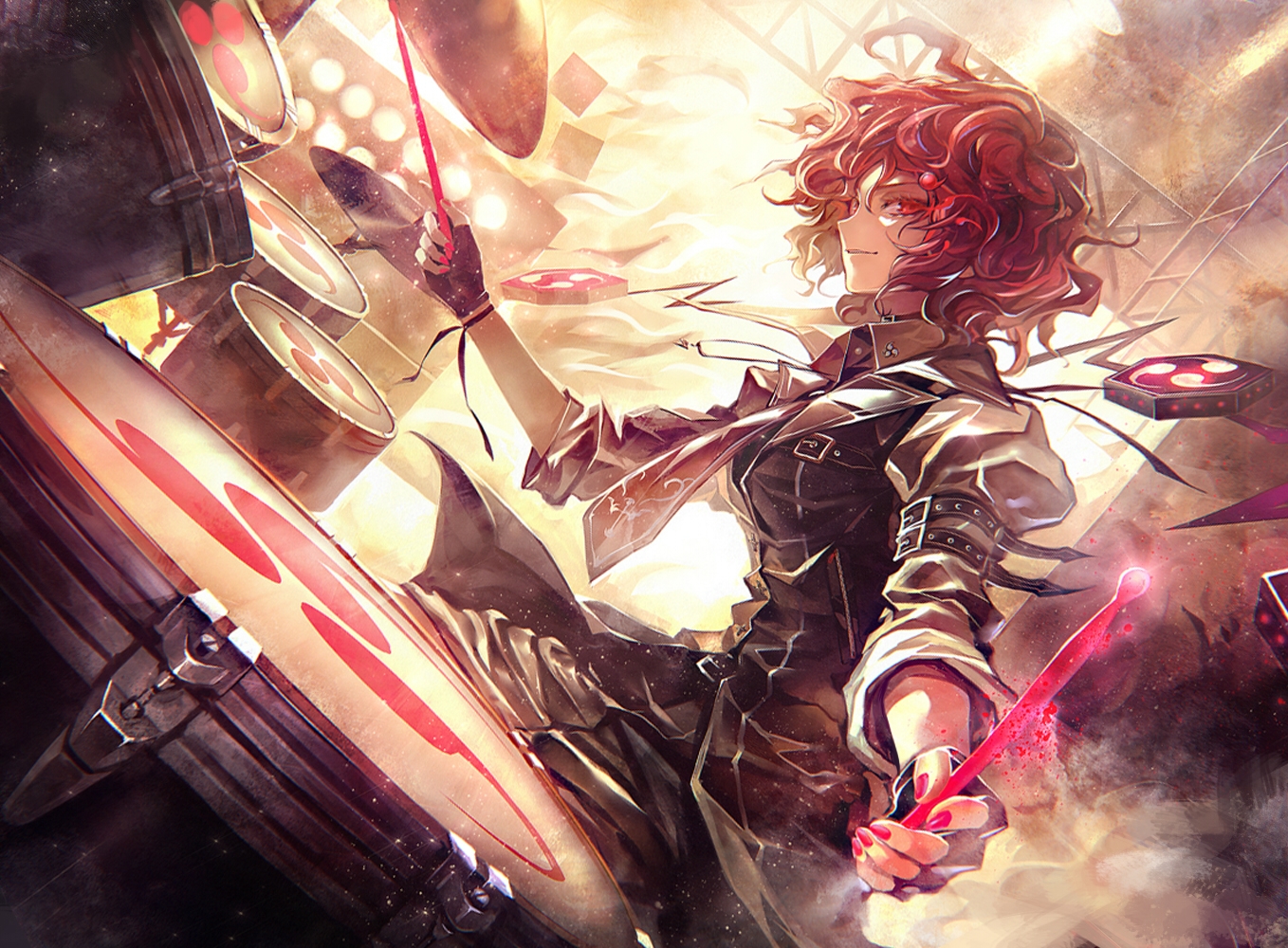 drums, gloves, horikawa_raiko, instrument, kozou_(soumuden), red_eyes, red_hair, short_hair