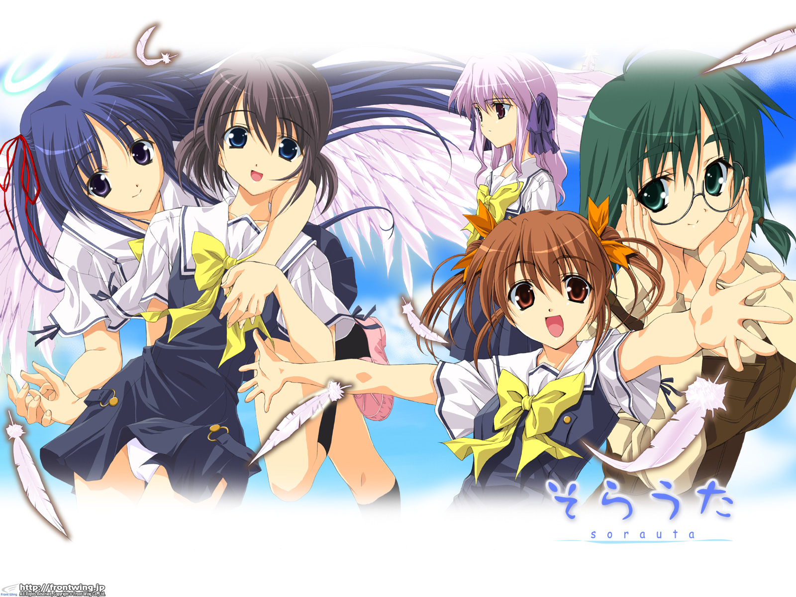 black_hair, blue_eyes, blue_hair, brown_eyes, brown_hair, fumio, glasses, green_eyes, green_hair, konishi_tamako, nagasumi_mana, panties, purple_eyes, sakura_chika, setouchi_aoi, sorauta, underwear, yuunagi_mio