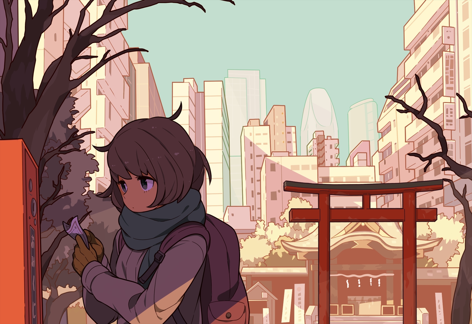black_eyes, brown_hair, city, gloves, original, scarf, short_hair, sky