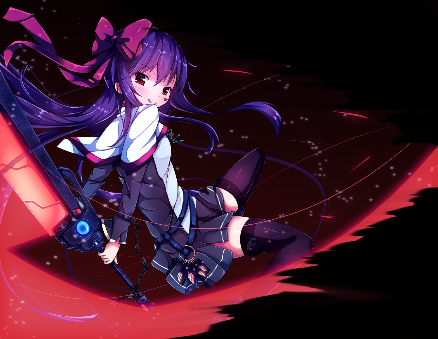 bow, erimu, heart, long_hair, original, purple_hair, red_eyes, skirt, sword, tattoo, thighhighs, weapon, zettai_ryouiki