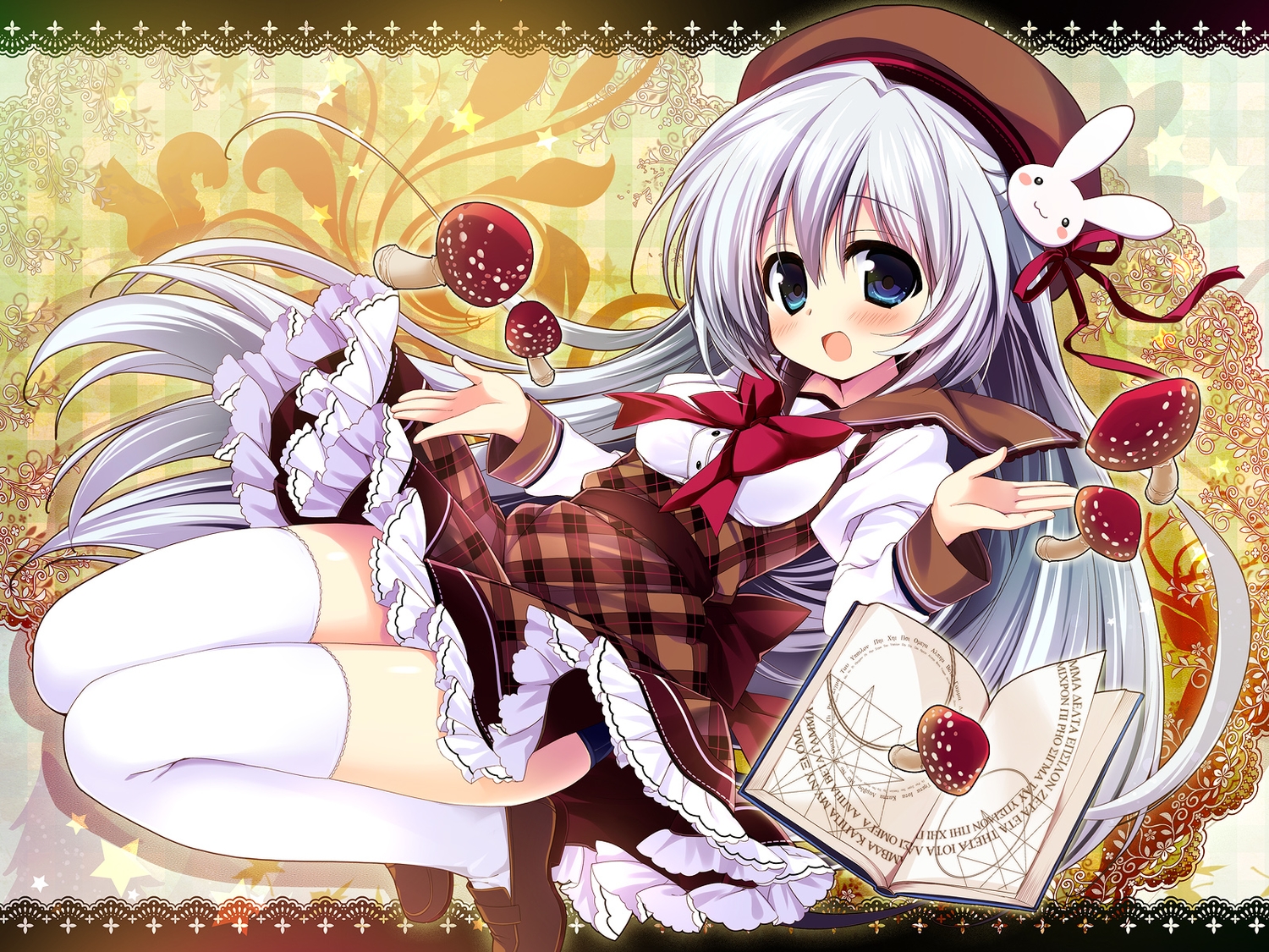 blue_eyes, book, bunny, dress, hat, long_hair, nagayama_yuunon, original