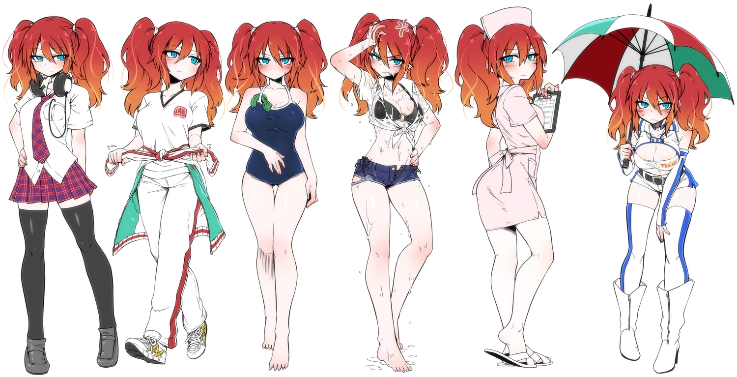 aqua_eyes, bikini, blush, boots, breasts, chankodining_waka, cleavage, headphones, nurse, original, pantyhose, red_hair, school_swimsuit, school_uniform, see_through, skirt, swimsuit, thighhighs, tie, twintails, umbrella, wet, zettai_ryouiki