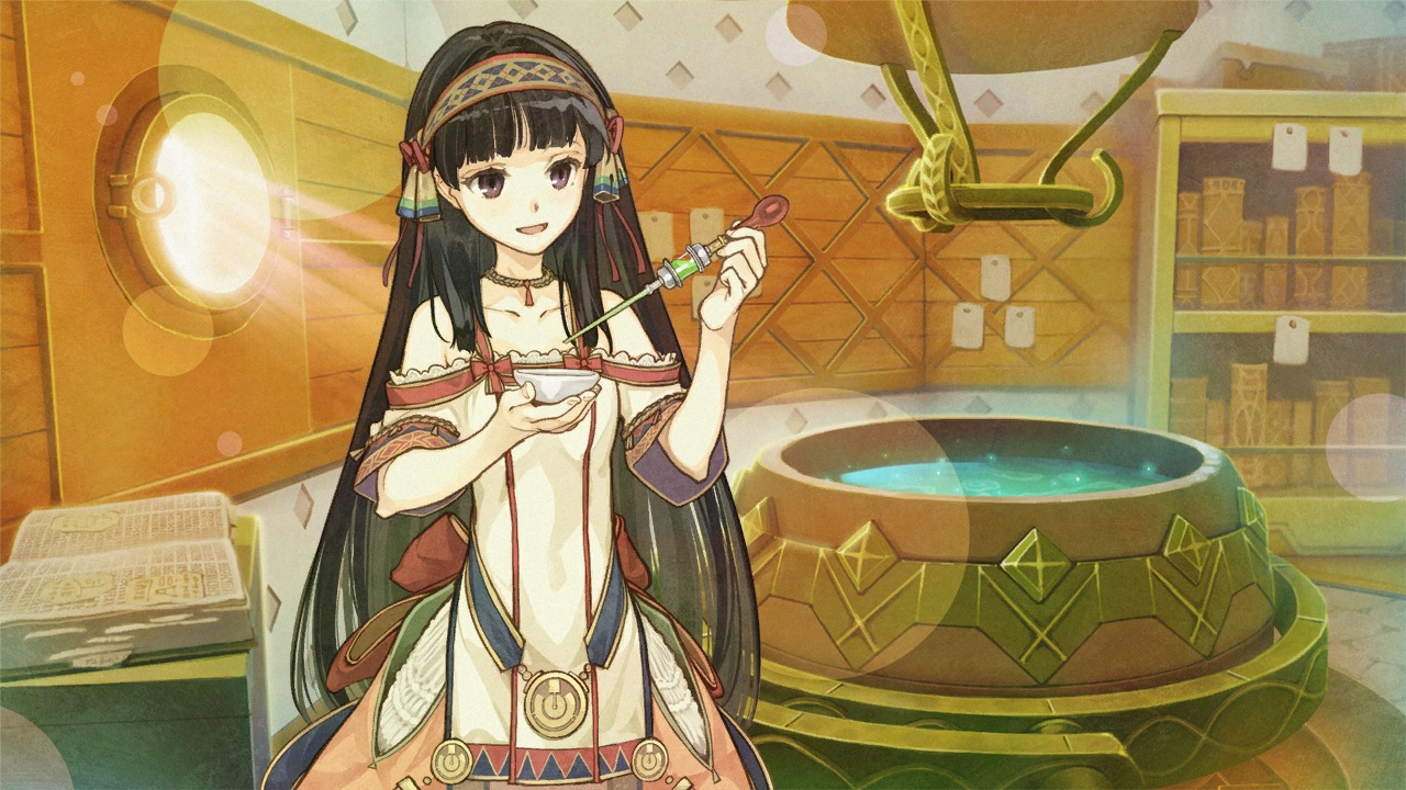 atelier, atelier_shallie:alchemists_of_the_dusk_sea, black_eyes, black_hair, book, choker, dress, headband
