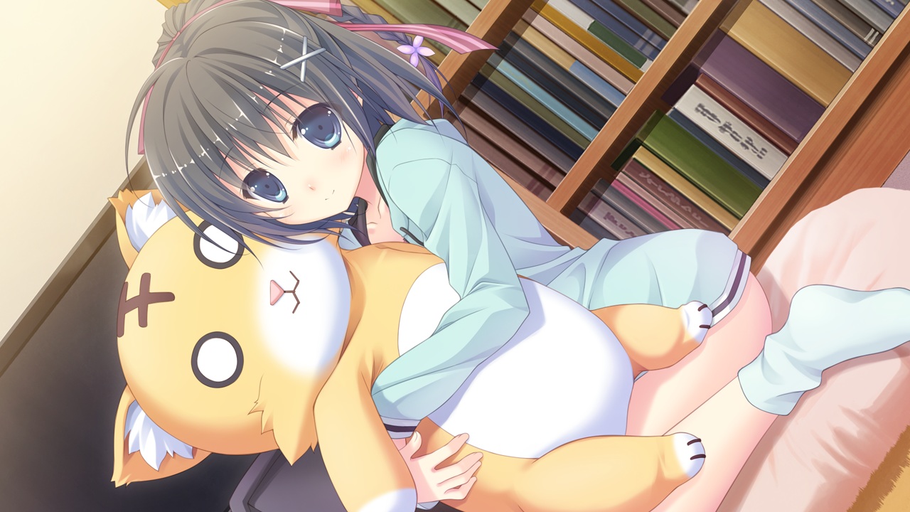 black_hair, blue_eyes, book, chikotam, game_cg, hare_nochi_kitto_nanohana_biyori, pajamas, sakakino_konomi, socks