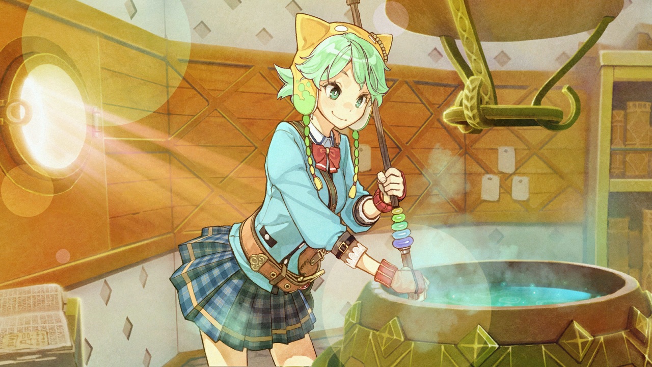 atelier, atelier_shallie:alchemists_of_the_dusk_sea, book, bow, game_cg, gloves, green_eyes, green_hair