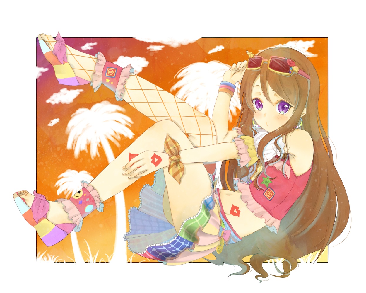 aikatsu!, blush, brown_hair, haruto_(rdwibl), long_hair, shibuki_ran, sunglasses, wristwear