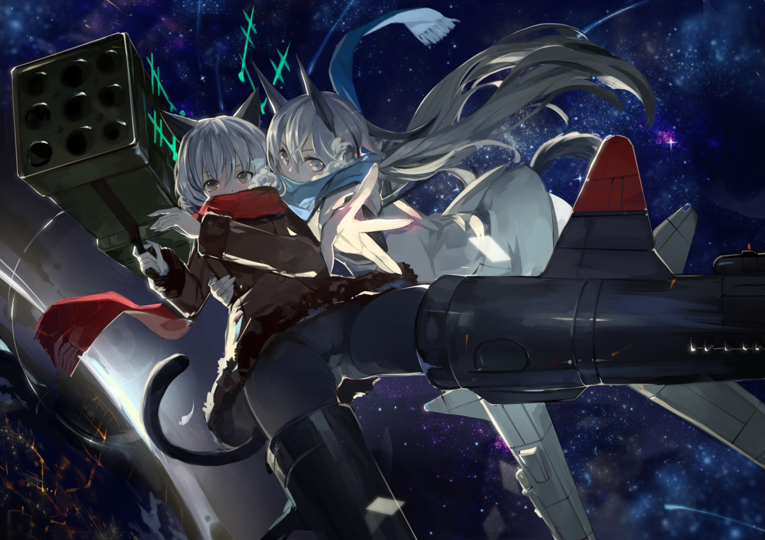 2girls, blonde_hair, eila_ilmatar_juutilainen, gray_eyes, long_hair, saberiii, sanya_v_litvyak, scarf