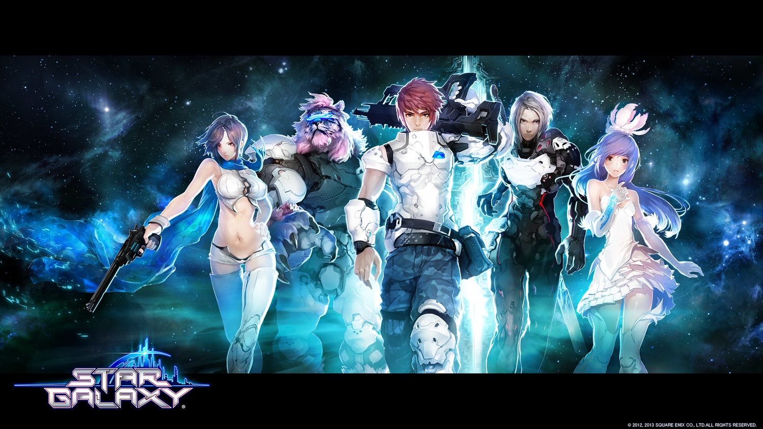 armor, black_hair, blue_hair, brown_eyes, brown_hair, cristian_penas, dress, gray_hair, gun, logo, long_hair, male, navel, short_hair, star_galaxy, thighhighs, weapon