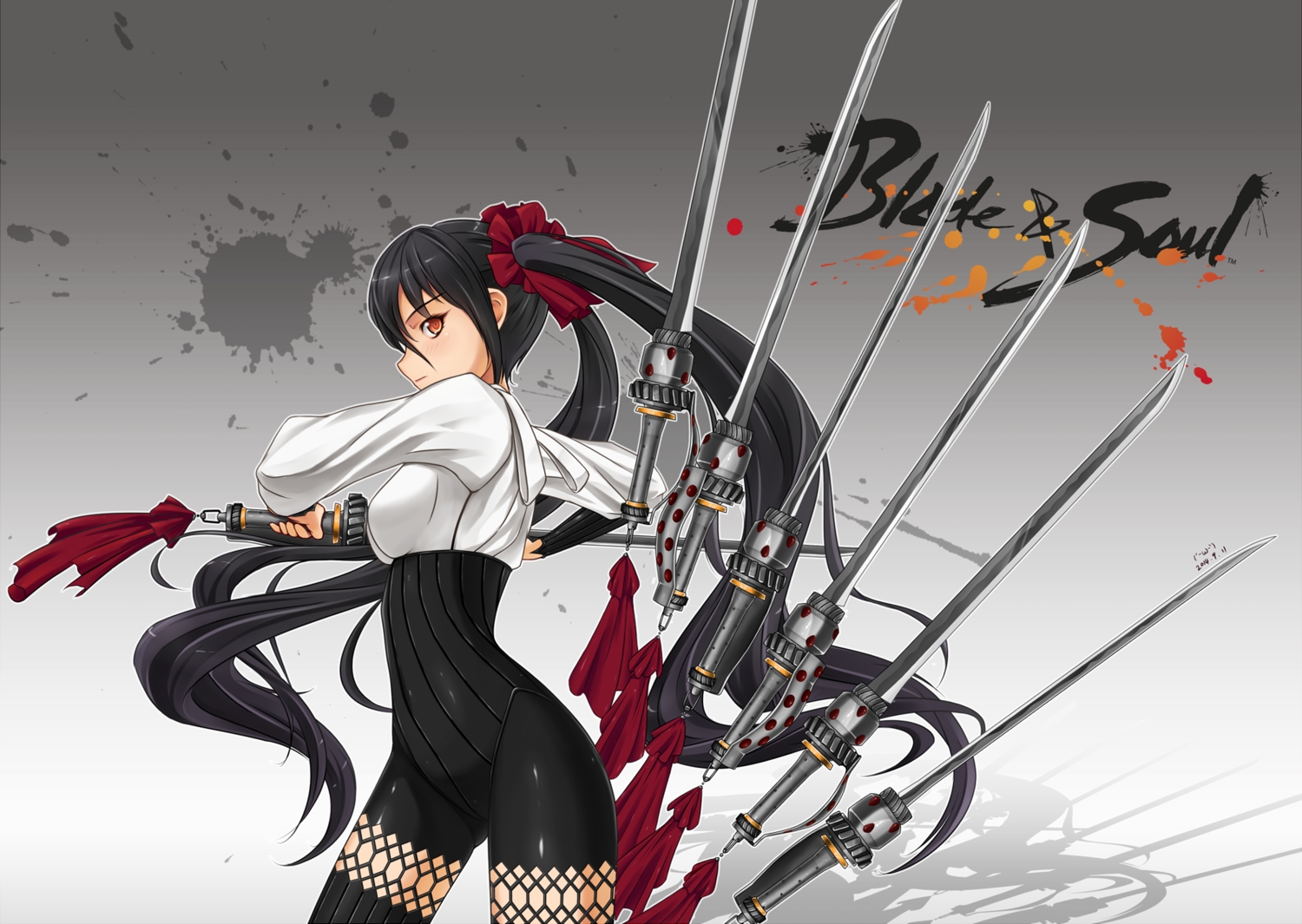 black_hair, blade_&_soul, long_hair, midnight, orange_eyes, skintight, sword, twintails