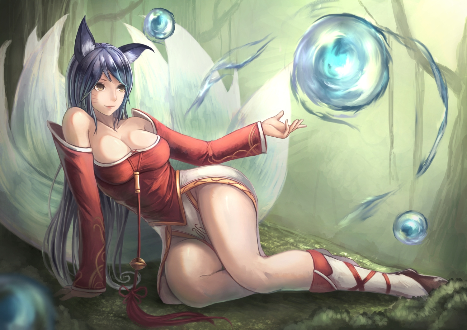 ahri_(league_of_legends), animal_ears, bell, black_hair, breasts, brown_eyes, cleavage, foxgirl, kneehighs, league_of_legends, long_hair, magic, multiple_tails, tail, yazuwo