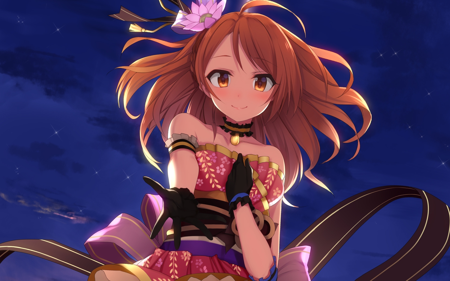 blush, brown_eyes, brown_hair, choker, flowers, gloves, houjou_karen, idolmaster, idolmaster_cinderella_girls, long_hair, stars, yuki_usagi_(mofurafu)