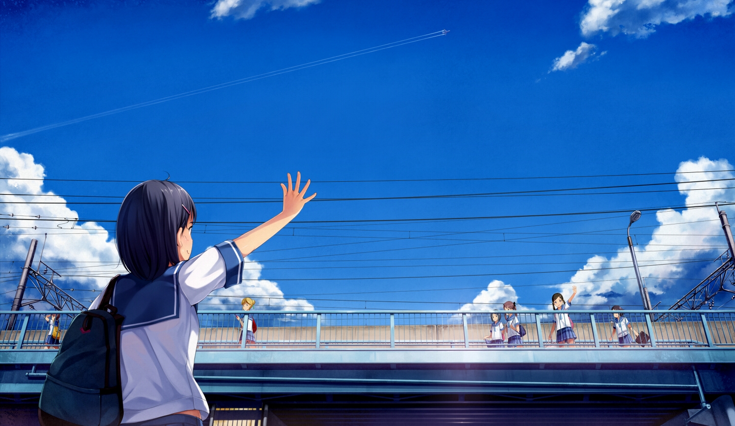 black_hair, clouds, original, school_uniform, short_hair, skirt, sky, yokaze_japan